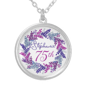 Elegant Purple Pink Wreath 75th Birthday Silver Plated Necklace