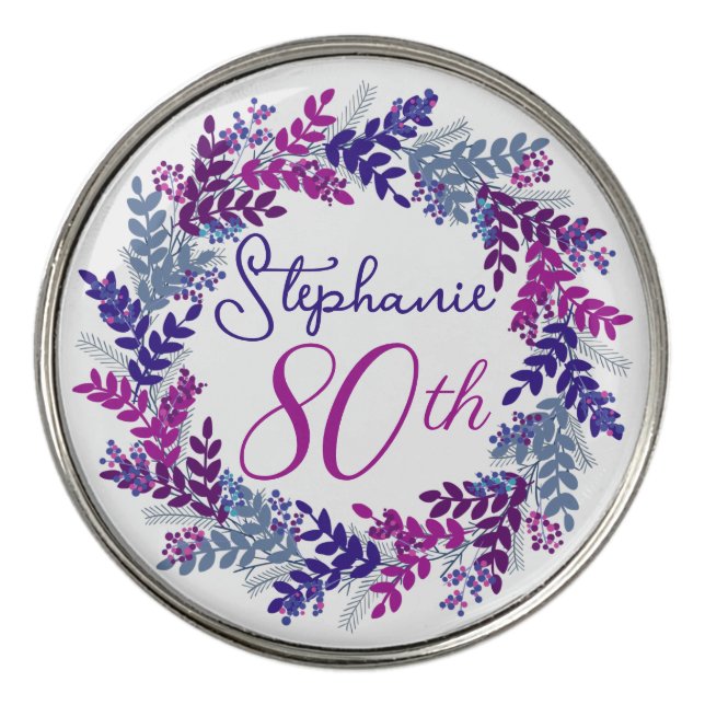 Elegant Purple Pink Wreath 80th Birthday Golf Ball Marker (Front)