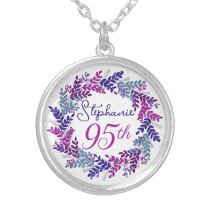 Elegant Purple Pink Wreath 95th Birthday Silver Plated Necklace