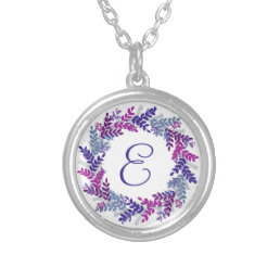 Elegant Purple Pink Wreath Monogram Initials Silver Plated Necklace