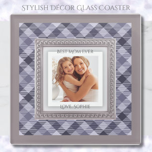 Elegant Purple Plaid Best Mom Ever Photo Glass Coaster