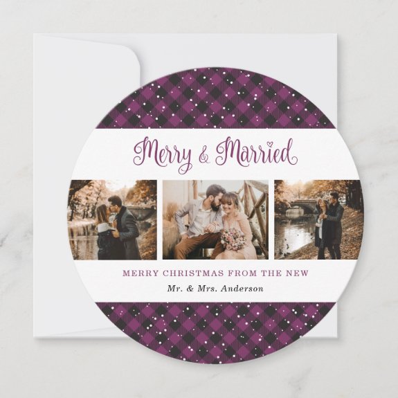 Elegant Purple Plaid Newlyweds Christmas Card