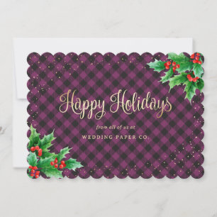 Elegant Purple Plaid Watercolor Holly Business Holiday Card