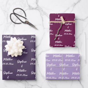 Elegant Purple Plum Bride Groom Names Weddings Wrapping Paper Sheets