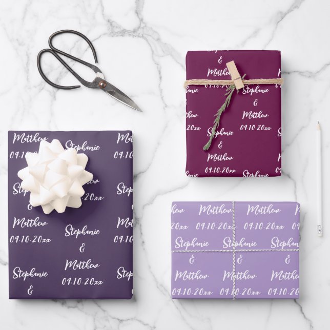 Elegant Purple Plum Bride Groom Names Weddings Wrapping Paper Sheets (Front)
