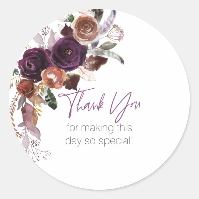 Elegant Purple Plum Floral Personalized Thank You Classic Round Sticker (Front)