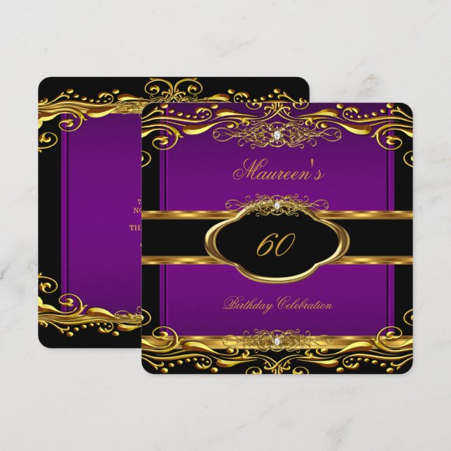 Elegant Purple Plum Gold 60th Birthday Party 3 Invitation (Front/Back)