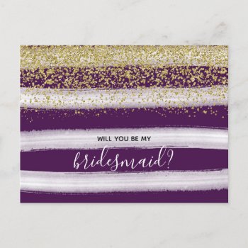 Elegant Purple Plum & Gold Be My Bridesmaid Invitation Postcard by melanileestyle at Zazzle