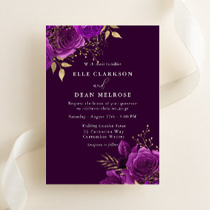 Elegant Purple Plum & Gold Floral Wedding Invitation