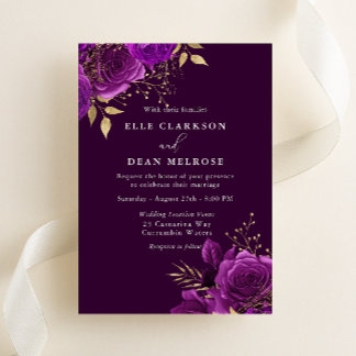 Elegant Purple Plum & Gold Floral Wedding Invitation