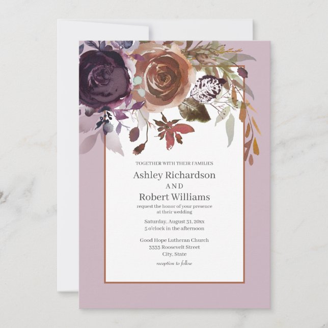 Elegant Purple Plum Pink Gold Floral Wedding Invitation (Front)