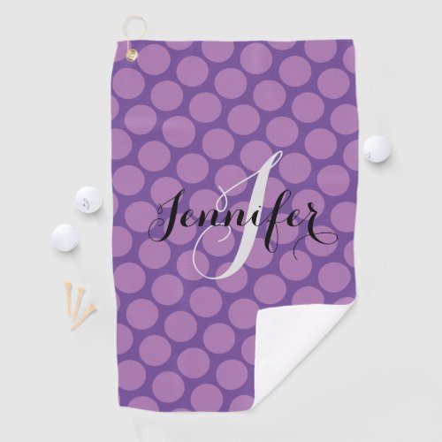 Elegant Purple Polka Dot Script Personalized Golf Towel