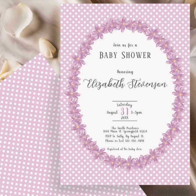 Elegant Purple Polka Dots Floral Baby Shower Invitation (Creator Uploaded)