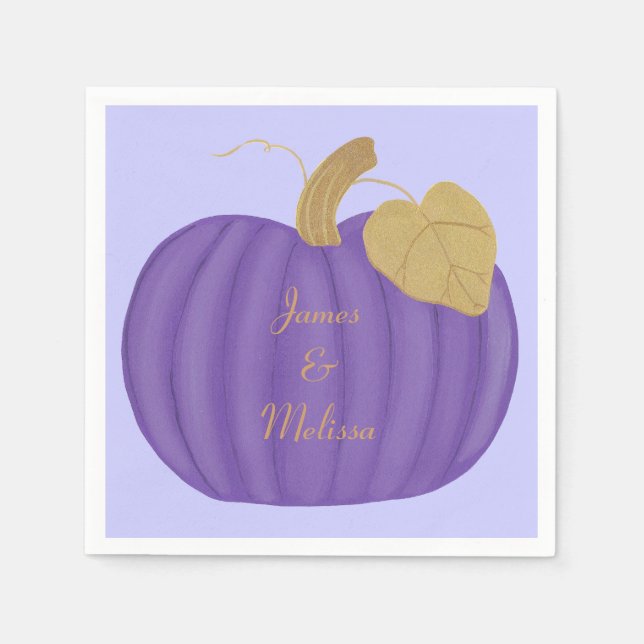 Elegant Purple Pumpkin Gold Leaf Wedding Paper Napkins (Front)