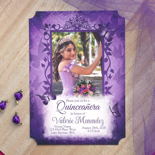 Elegant Purple Quinceanera Fancy Vine Photo Border Invitation