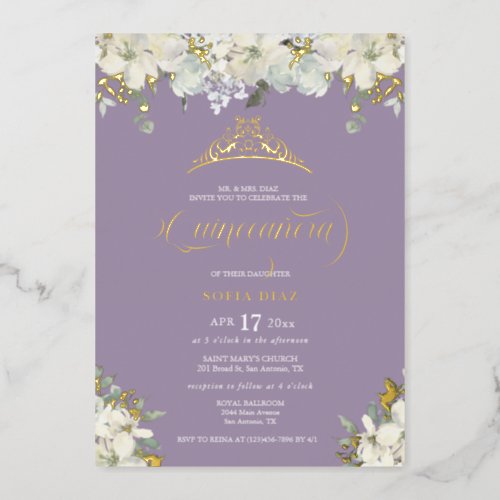 Elegant Purple Quinceaera Floral Gold  Foil Invitation