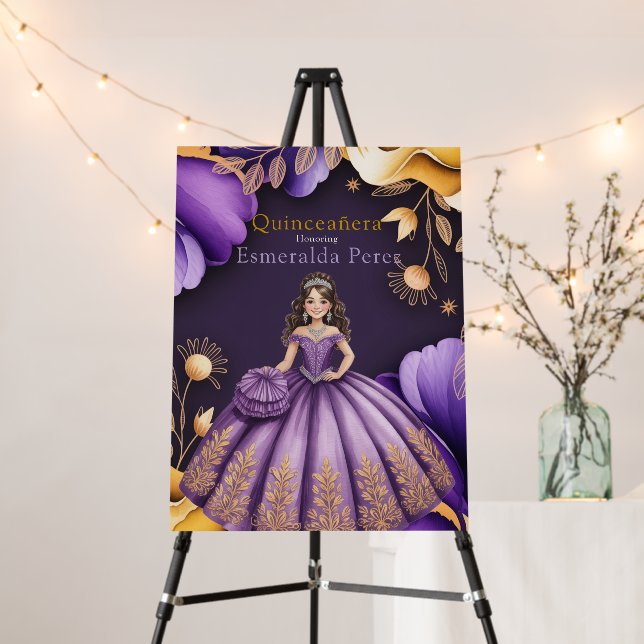 Elegant Purple Quinceañera Girl Art Welcome Sign (In Situ (Stand))