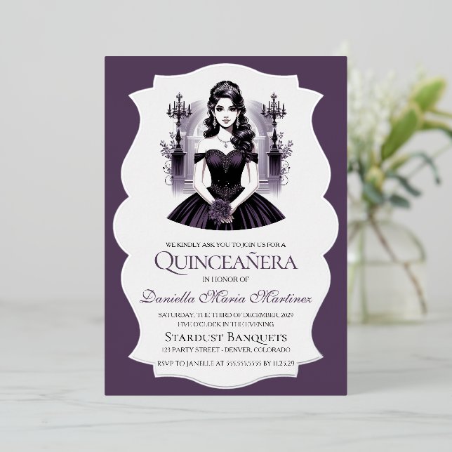 Elegant Purple Quinceañera Girl Foil Invitation (Standing Front)