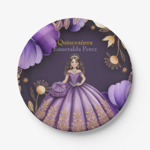 Elegant Purple Quinceañera Girl Illustration Paper Plates