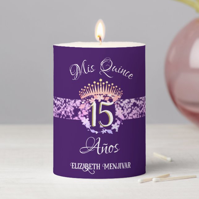 Elegant Purple Quinceañera Spanish  Pillar Candle (In Situ)