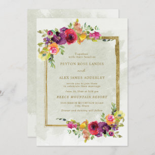 Elegant Purple Red Floral Green Leaves Gold Invitation