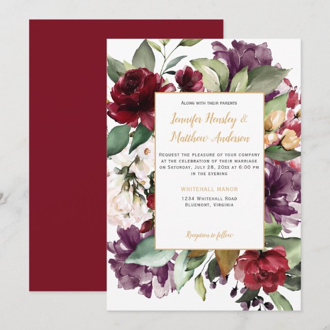 Elegant Purple Red Gold Floral Explosion Wedding Invitation (Front/Back)