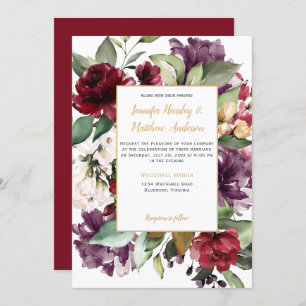 Elegant Purple Red Gold Floral Explosion Wedding Invitation