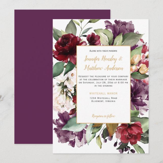 Elegant Purple Red Gold Floral Explosion Wedding Invitation (Front/Back)