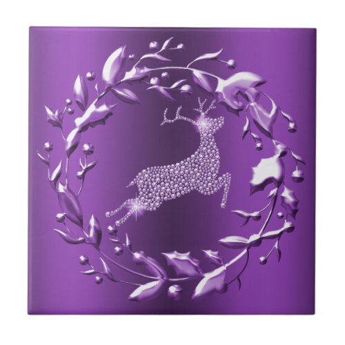 Elegant Purple Reindeer Christmas Ceramic Tile
