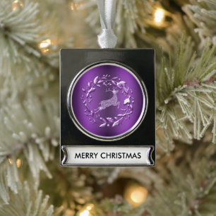 Elegant Purple Reindeer Christmas Silver Plated Banner Ornament