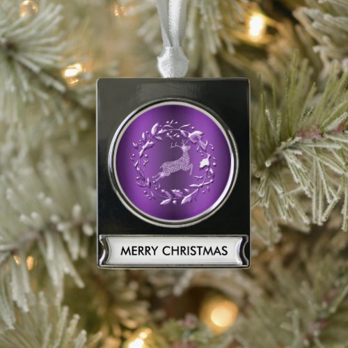 Elegant Purple Reindeer Christmas Silver Plated Banner Ornament