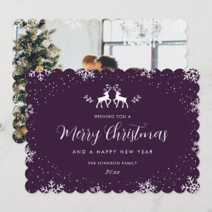 Elegant Purple Reindeer Snow Snowflake Photo Holiday Card