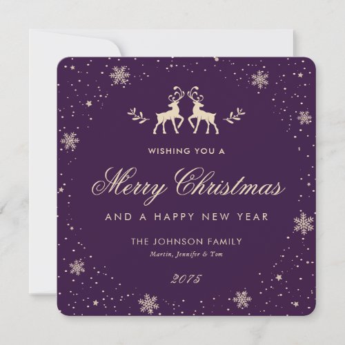 Elegant Purple Reindeer Snowflake Holiday Card