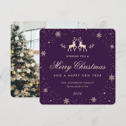 Elegant Purple Reindeer Snowflake Photo Holiday Card