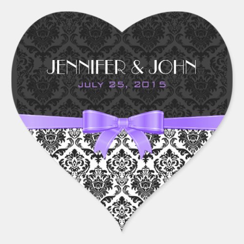 Elegant Purple Ribbon Black And White Damask Heart Sticker