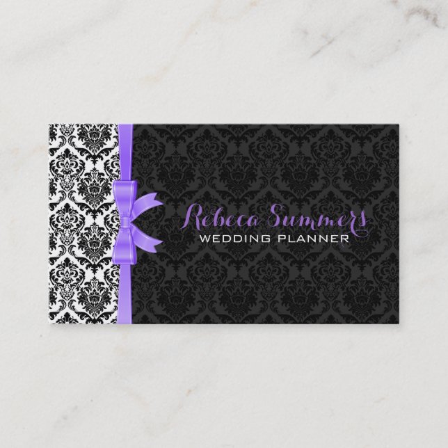 Elegant Purple Ribbon Black & White Damasks 2a Business Card (Front)