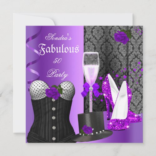 Elegant Purple Rose Black Birthday Party Invitation