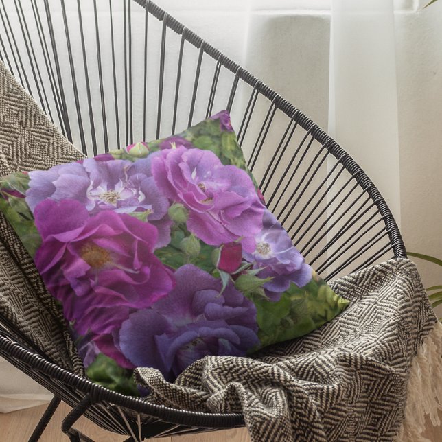Elegant Purple Rose Blooms Floral Outdoor Pillow (In Situ Patio)