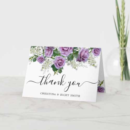 Elegant Purple Rose Bouquet Flowers Wedding Thank  Thank You Card