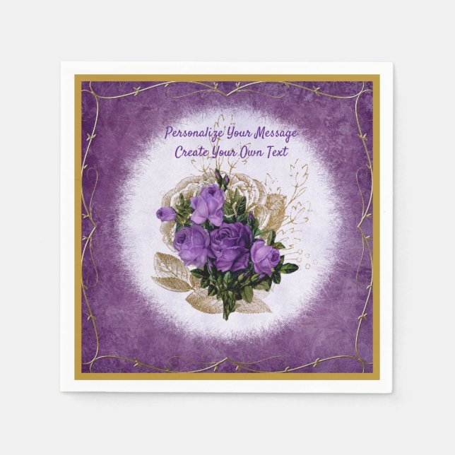 Elegant Purple Rose Bouquet Gold Ornamental Border Napkins (Front)