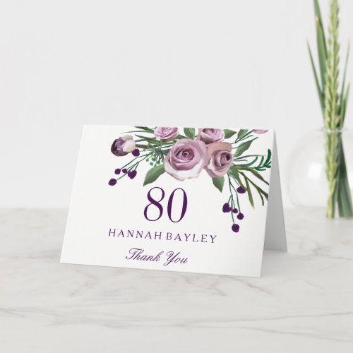 Elegant Purple Rose Floral 80th Birthday Thank You