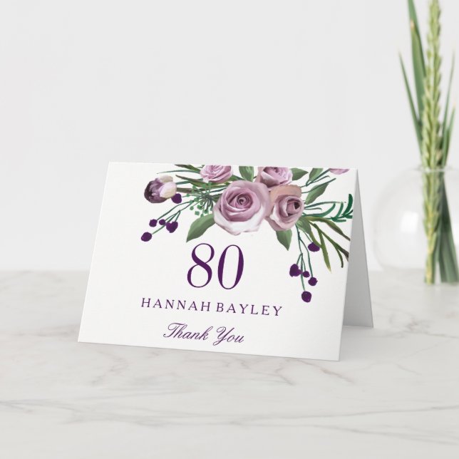 Elegant Purple Rose Floral 80th Birthday Thank You (Front)