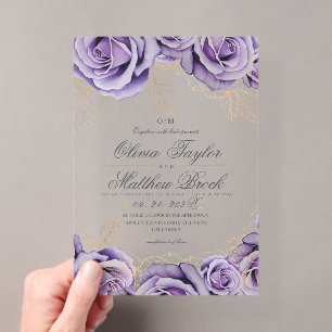  Elegant Purple Rose Floral Garden Wedding Acrylic Invitations