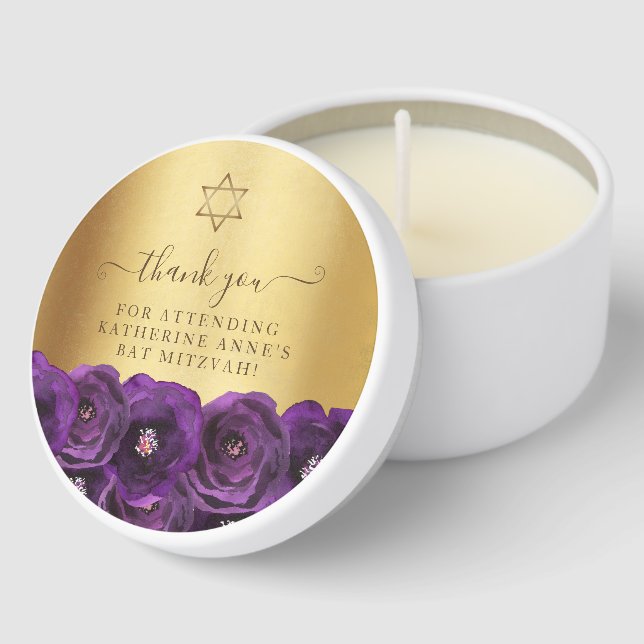 Elegant Purple Rose Floral Gold Bat Mitzvah Mini Candle Favors (Corner)