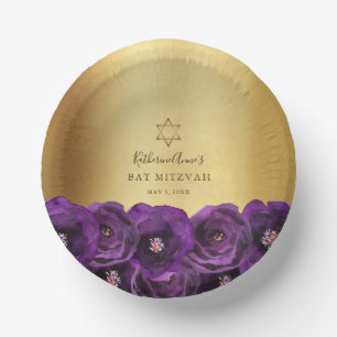 Elegant Purple Rose Floral Gold Bat Mitzvah Paper Bowls
