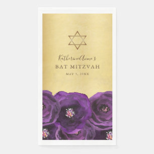 Elegant Purple Rose Floral Gold Bat Mitzvah Paper Guest Towels