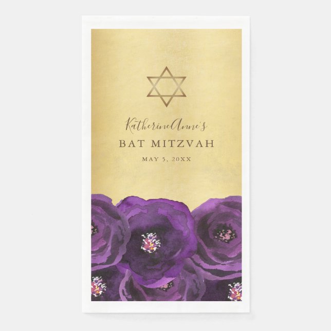 Elegant Purple Rose Floral Gold Bat Mitzvah Paper Guest Towels (Front)