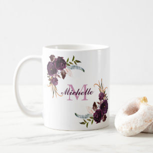 Elegant Purple Rose Floral Name Monogram Mug