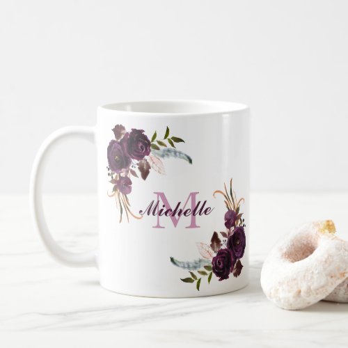 Elegant Purple Rose Floral Name Monogram Mug