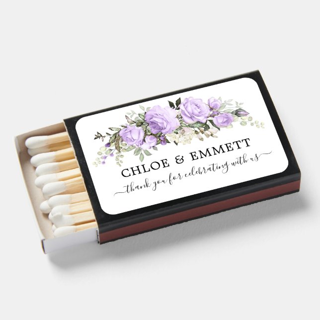 Elegant Purple Rose Floral Wedding Favor Matchbox Matchboxes (Front Open)